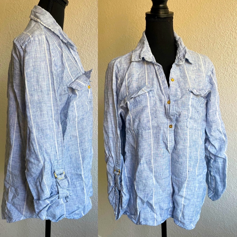 ELLEN TRACY • LARGE BEACH STRIPED NAUTICAL POPOVER TOP SOFT LIGHT BLUE